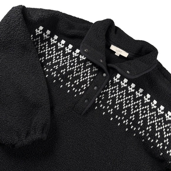 LOFT Tops - LOFT Black White Fair Isle Fleece Pullover Sweater Women XXL Snap Neck Cozy Boxy